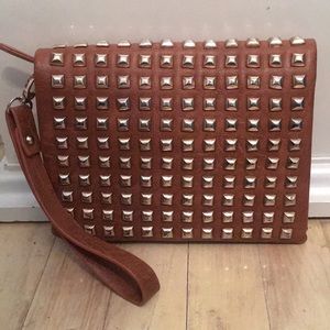 Brown leather studded clutch/wristlet